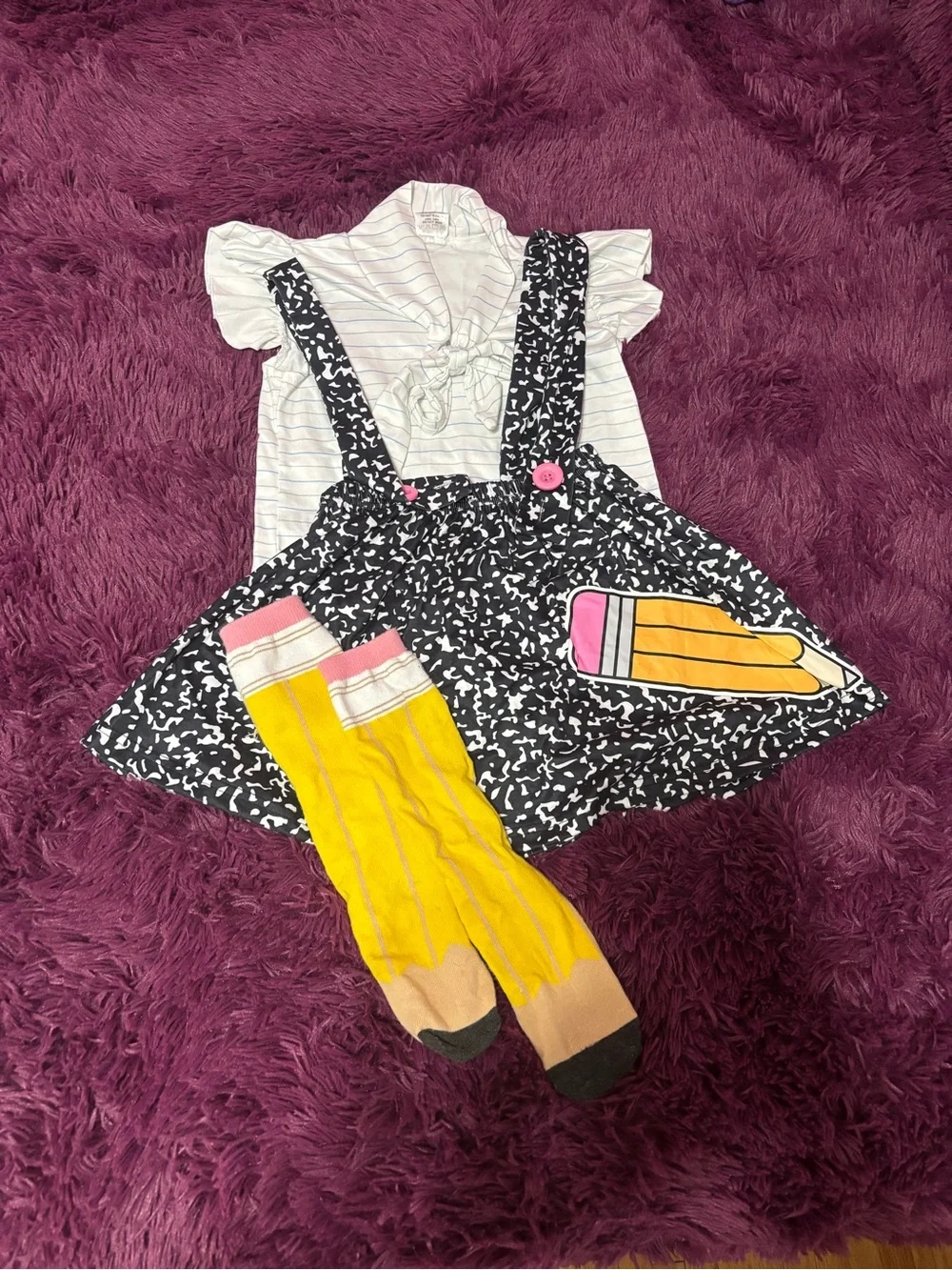 Girls Black & White Patterned Suspender Skirt with Yellow Pencil Knee Socks